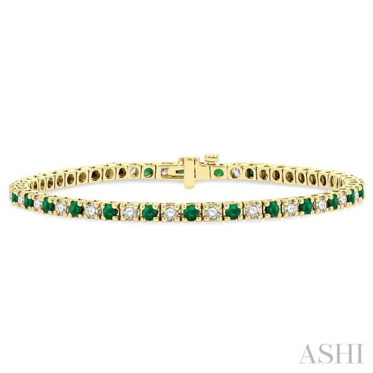 2.5 MM Emerald and 1 1/2 ctw Round Cut Diamond Square Box Link Precious Tennis Bracelet in 14K Yellow Gold