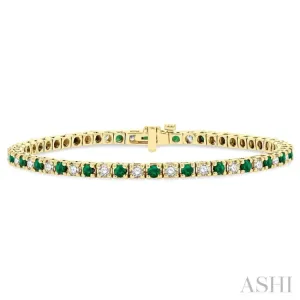 2.5 MM Emerald and 1 1/2 ctw Round Cut Diamond Square Box Link Precious Tennis Bracelet in 14K Yellow Gold