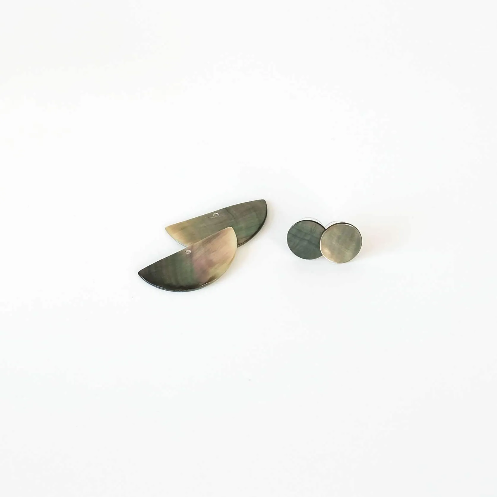 3-in-1 Iridescent Grey Circle and Halfmoon Geometric Studs - Mother of Pearl Earrings