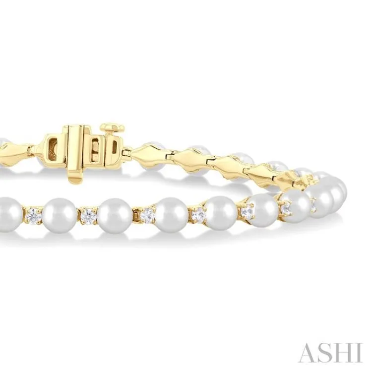 4 MM Cultured Pearl and 3/4 ctw Round Cut Diamond Tennis Bracelet in 14K Yellow Gold