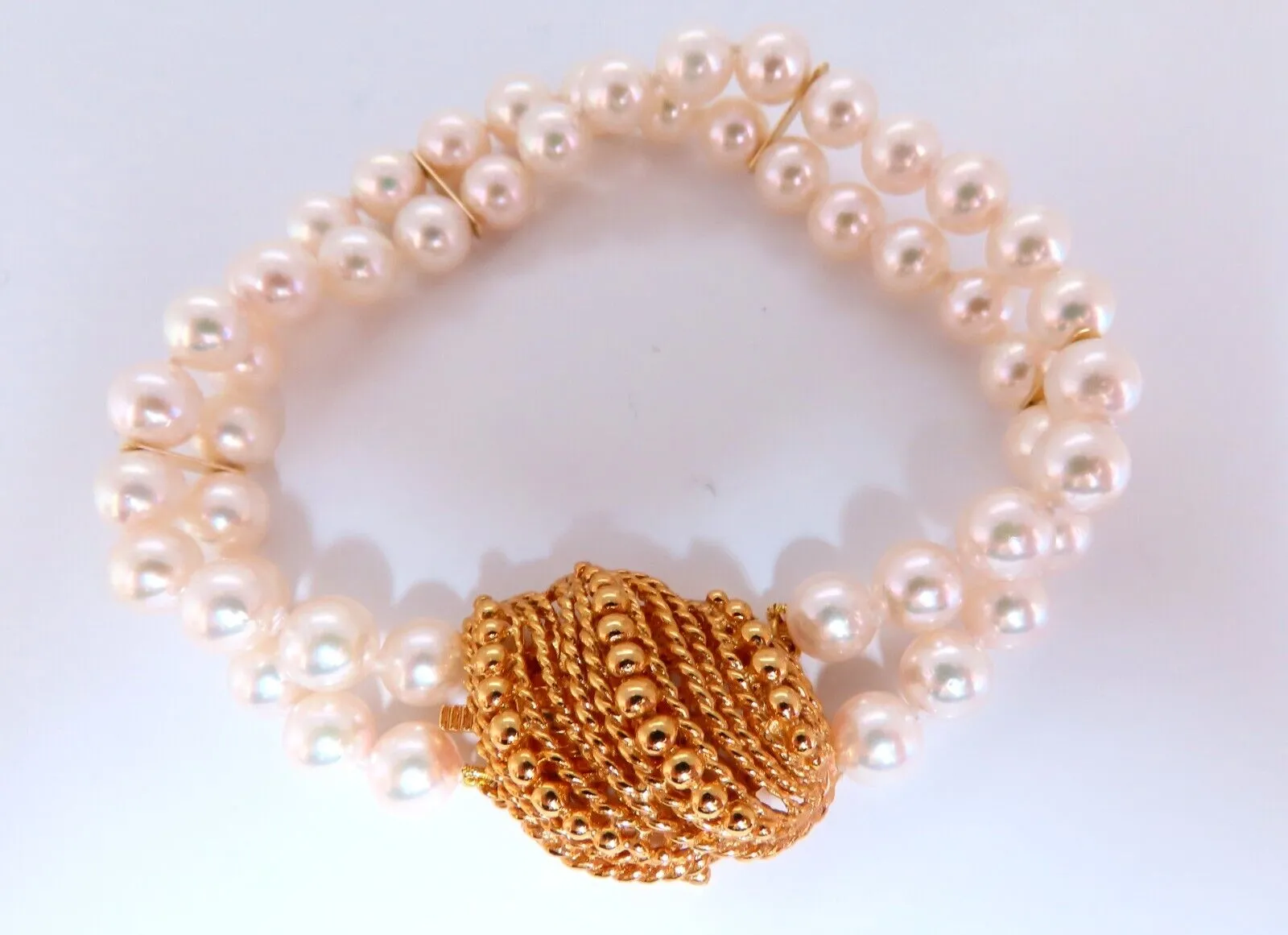 6.75mm Akoya pearls pearls double stranded bracelet 14kt Shell Twist Clasp