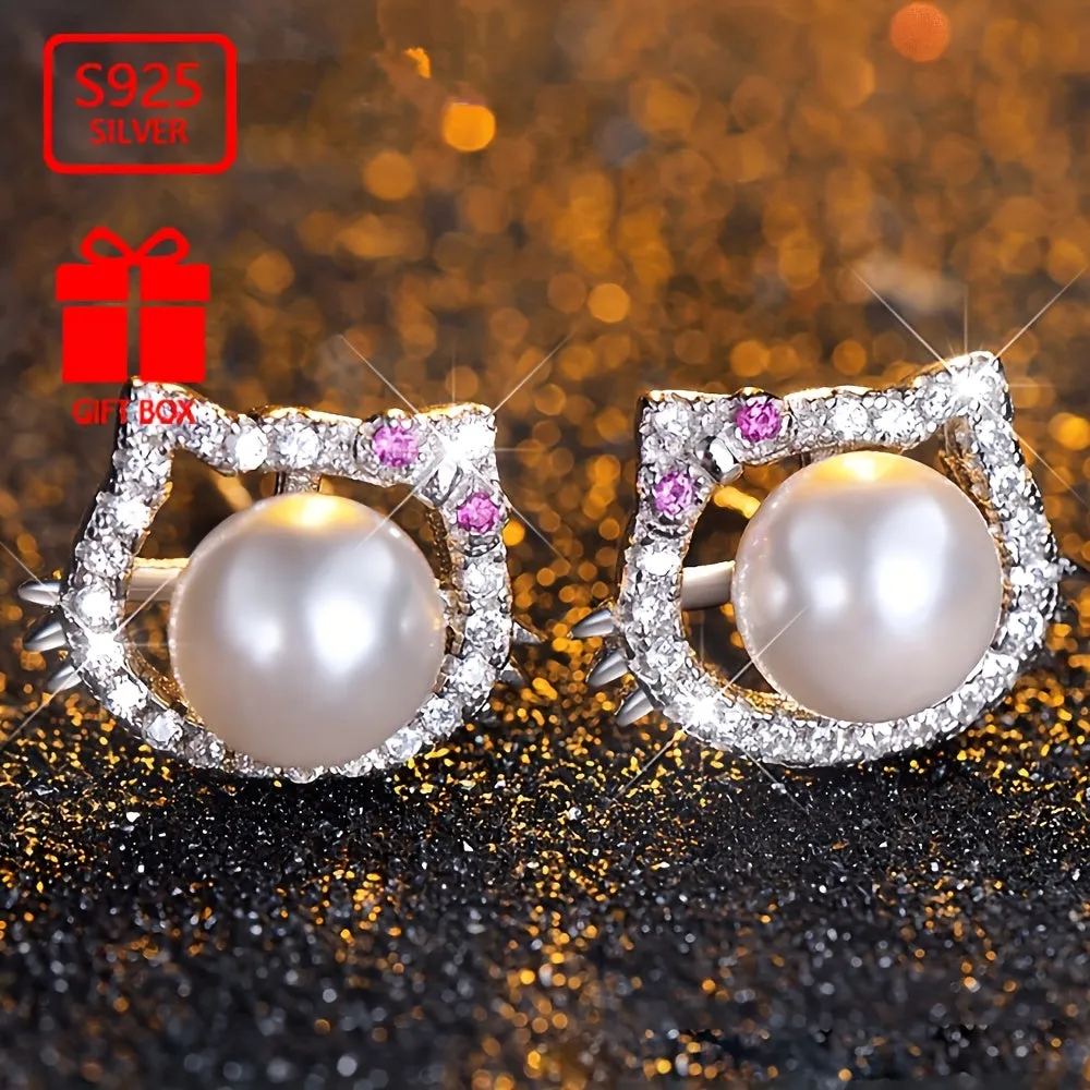 925 Sterling Silver Pearl Kitten Stud Earrings