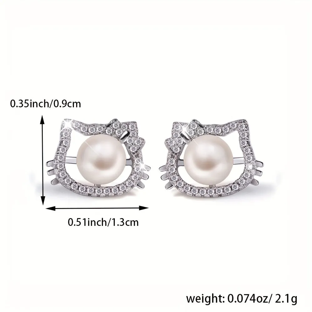 925 Sterling Silver Pearl Kitten Stud Earrings