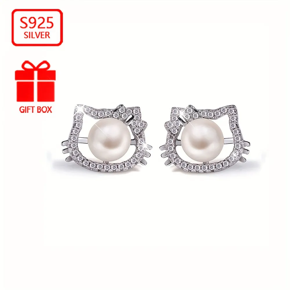 925 Sterling Silver Pearl Kitten Stud Earrings