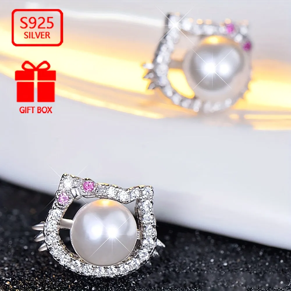 925 Sterling Silver Pearl Kitten Stud Earrings