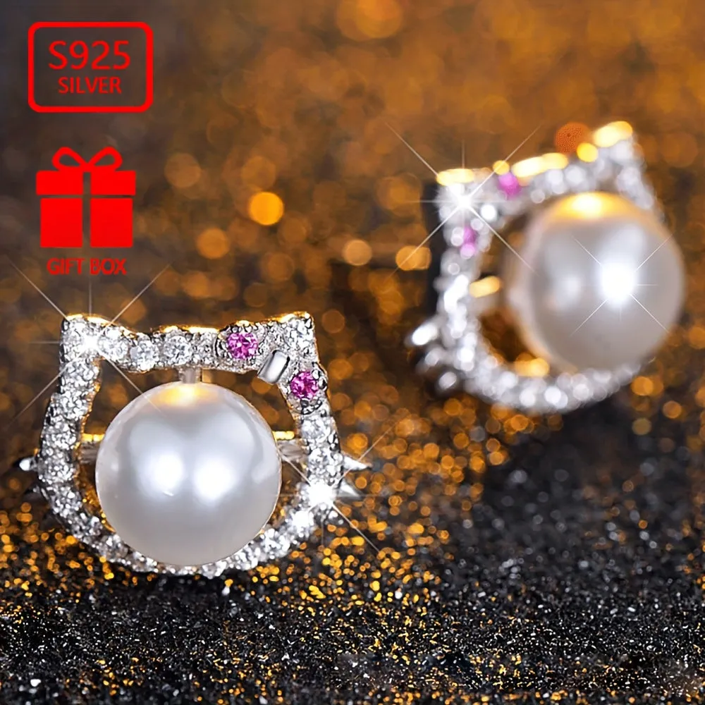 925 Sterling Silver Pearl Kitten Stud Earrings