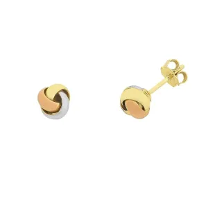 9ct Yellow Gold Silver Infused 3 Tone Knotted Stud Earrings