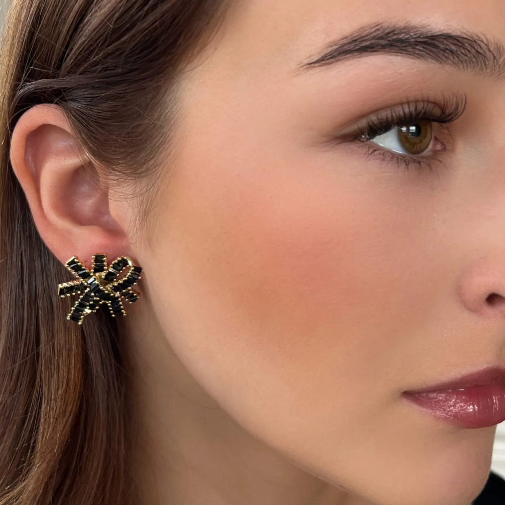 Absolute Gold Large Black Sparkly Bow Stud Earrings