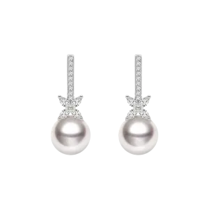Akoya Pearl 18K White Gold White Flower Diamonds Long Stud Earrings