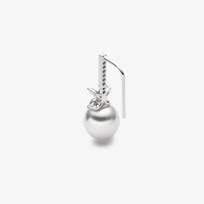 Akoya Pearl 18K White Gold White Flower Diamonds Long Stud Earrings