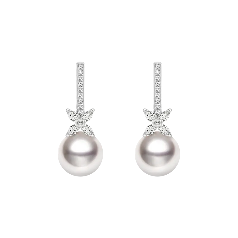 Akoya Pearl 18K White Gold White Flower Diamonds Long Stud Earrings