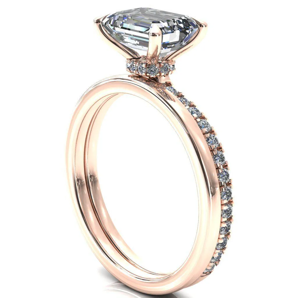 Alayna Emerald Moissanite East-West 4 Claw Prong 3/4 Micro Pave Diamond Accent Ring Engagement Ring