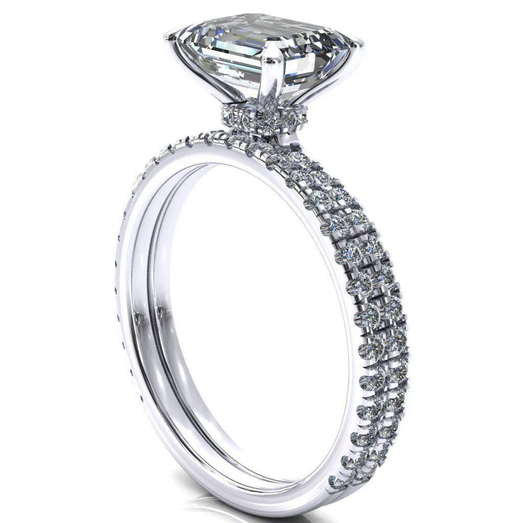 Alayna Emerald Moissanite East-West 4 Claw Prong 3/4 Micro Pave Diamond Accent Ring Engagement Ring