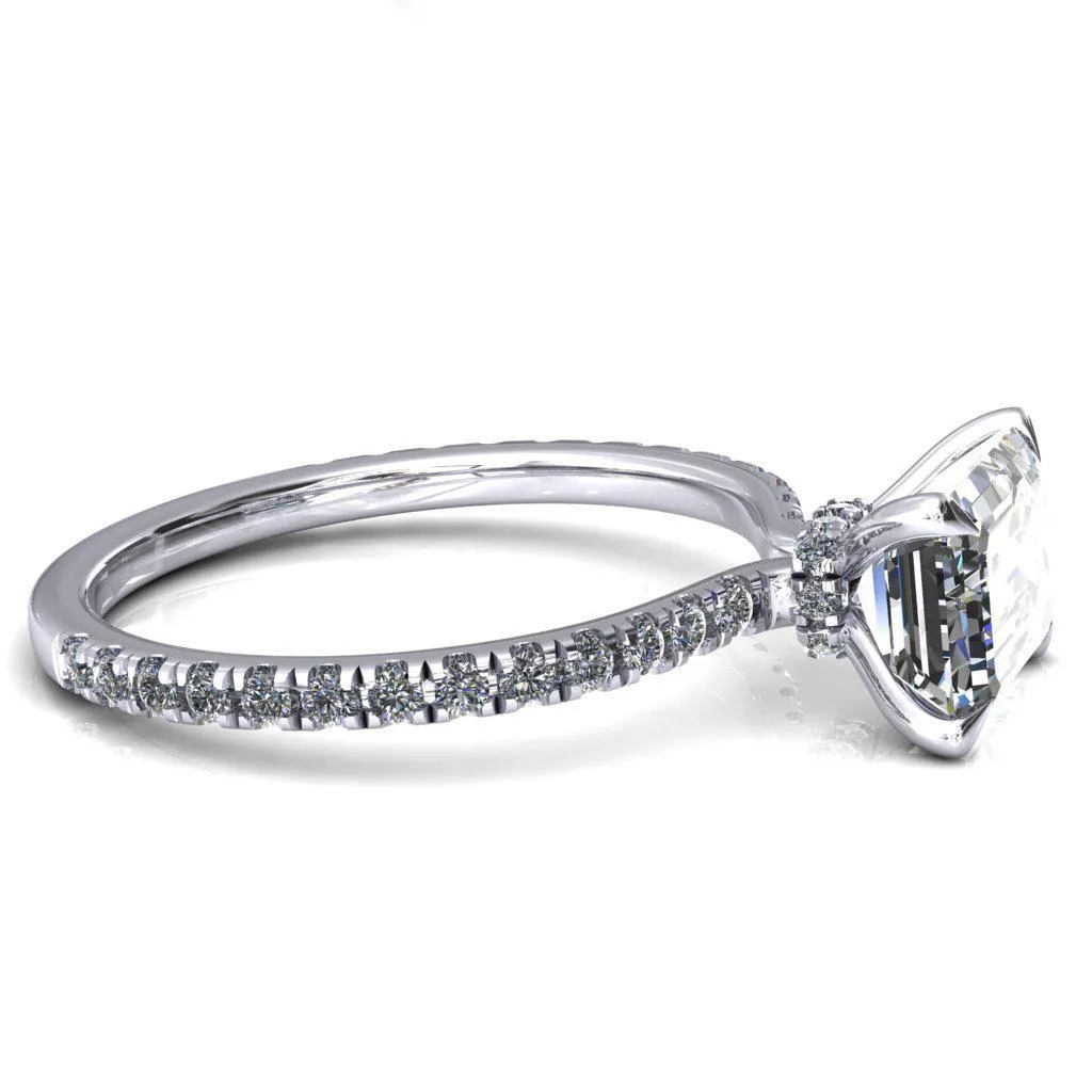 Alayna Emerald Moissanite East-West 4 Claw Prong 3/4 Micro Pave Diamond Accent Ring Engagement Ring
