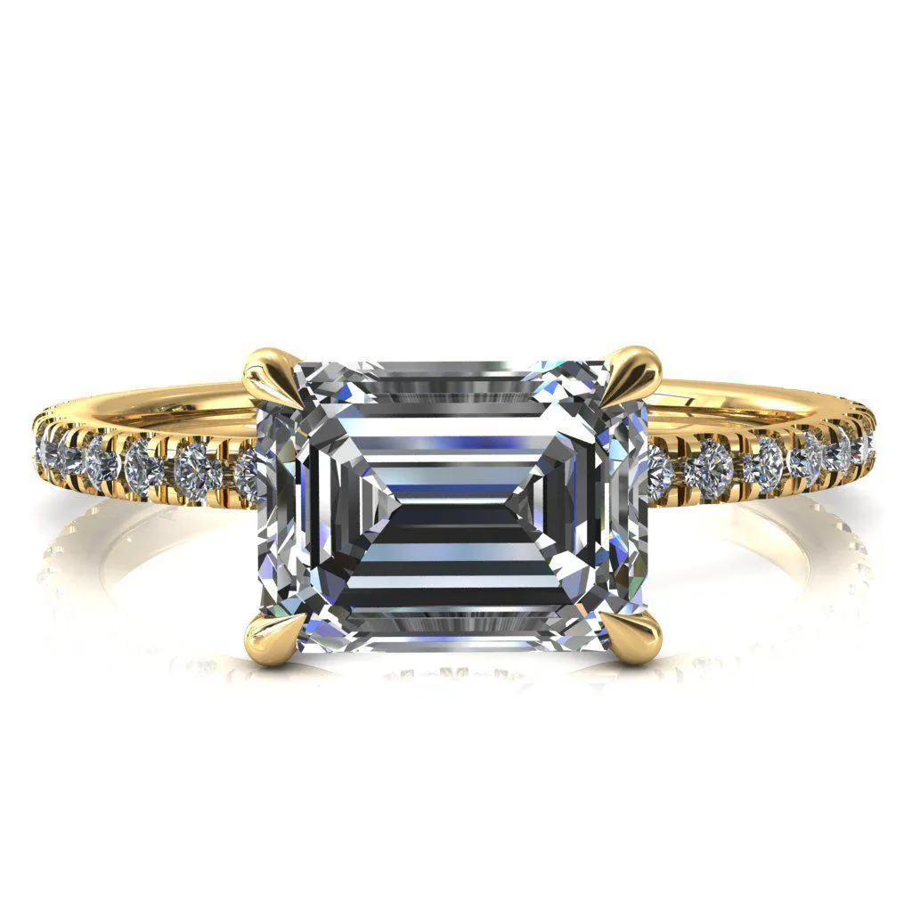 Alayna Emerald Moissanite East-West 4 Claw Prong 3/4 Micro Pave Diamond Accent Ring Engagement Ring