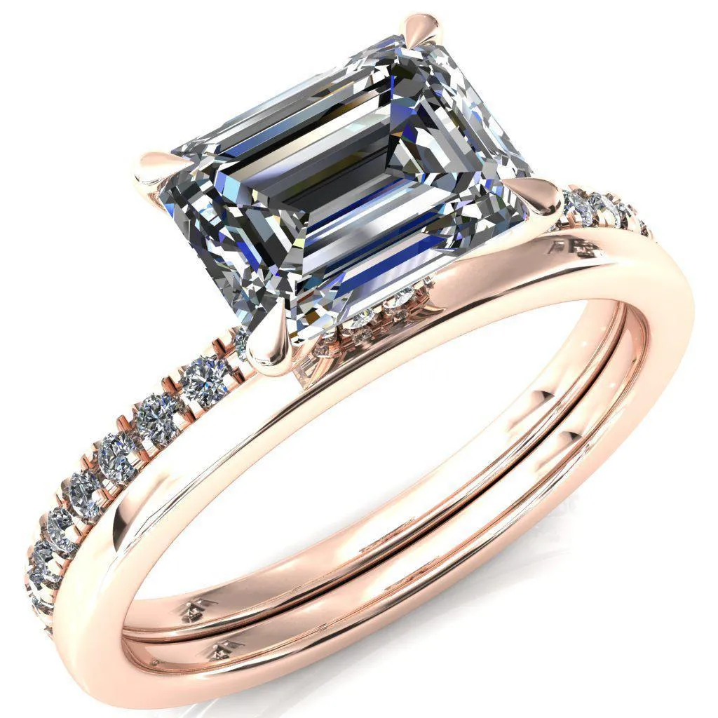 Alayna Emerald Moissanite East-West 4 Claw Prong 3/4 Micro Pave Diamond Accent Ring Engagement Ring