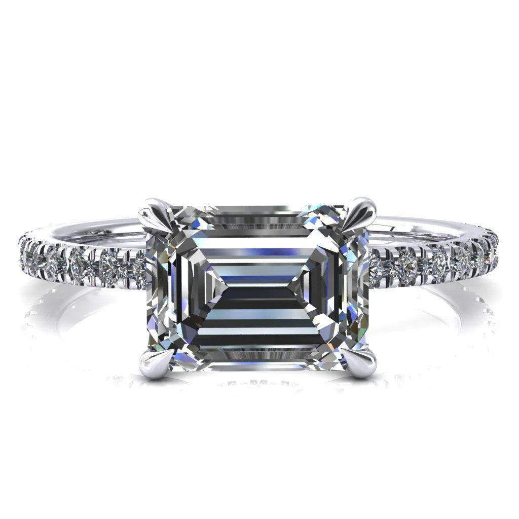 Alayna Emerald Moissanite East-West 4 Claw Prong 3/4 Micro Pave Diamond Accent Ring Engagement Ring