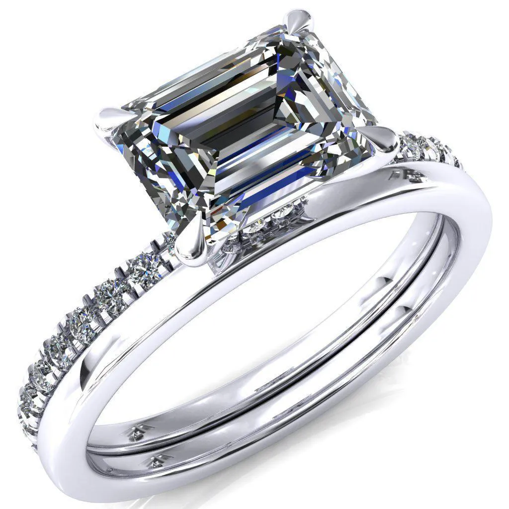 Alayna Emerald Moissanite East-West 4 Claw Prong 3/4 Micro Pave Diamond Accent Ring Engagement Ring