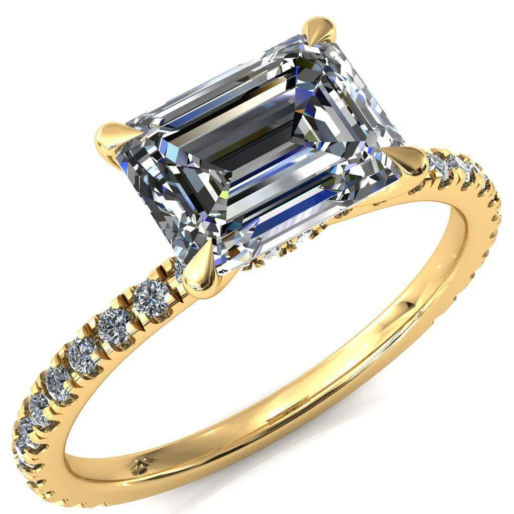 Alayna Emerald Moissanite East-West 4 Claw Prong 3/4 Micro Pave Diamond Accent Ring Engagement Ring