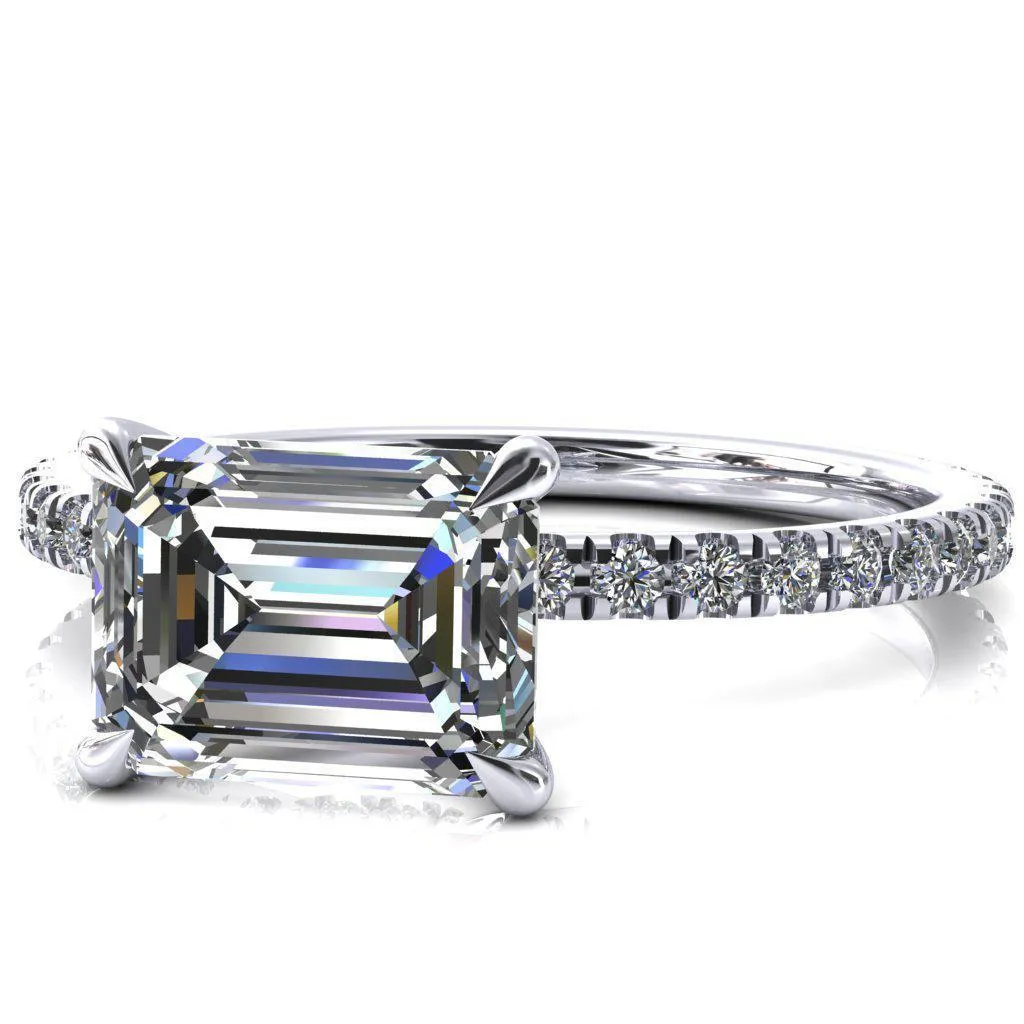 Alayna Emerald Moissanite East-West 4 Claw Prong 3/4 Micro Pave Diamond Accent Ring Engagement Ring