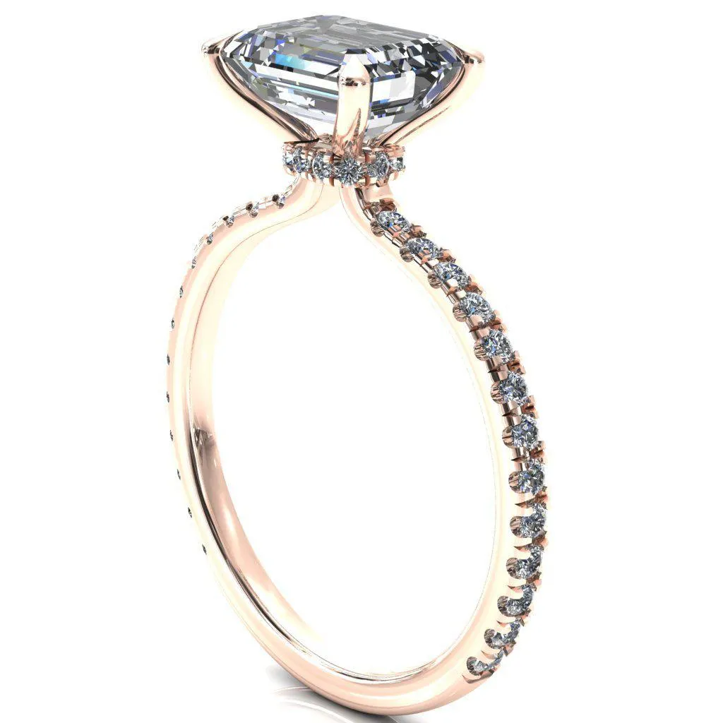 Alayna Emerald Moissanite East-West 4 Claw Prong 3/4 Micro Pave Diamond Accent Ring Engagement Ring