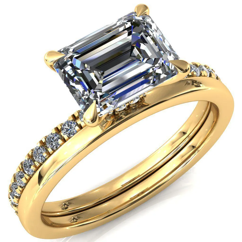 Alayna Emerald Moissanite East-West 4 Claw Prong 3/4 Micro Pave Diamond Accent Ring Engagement Ring
