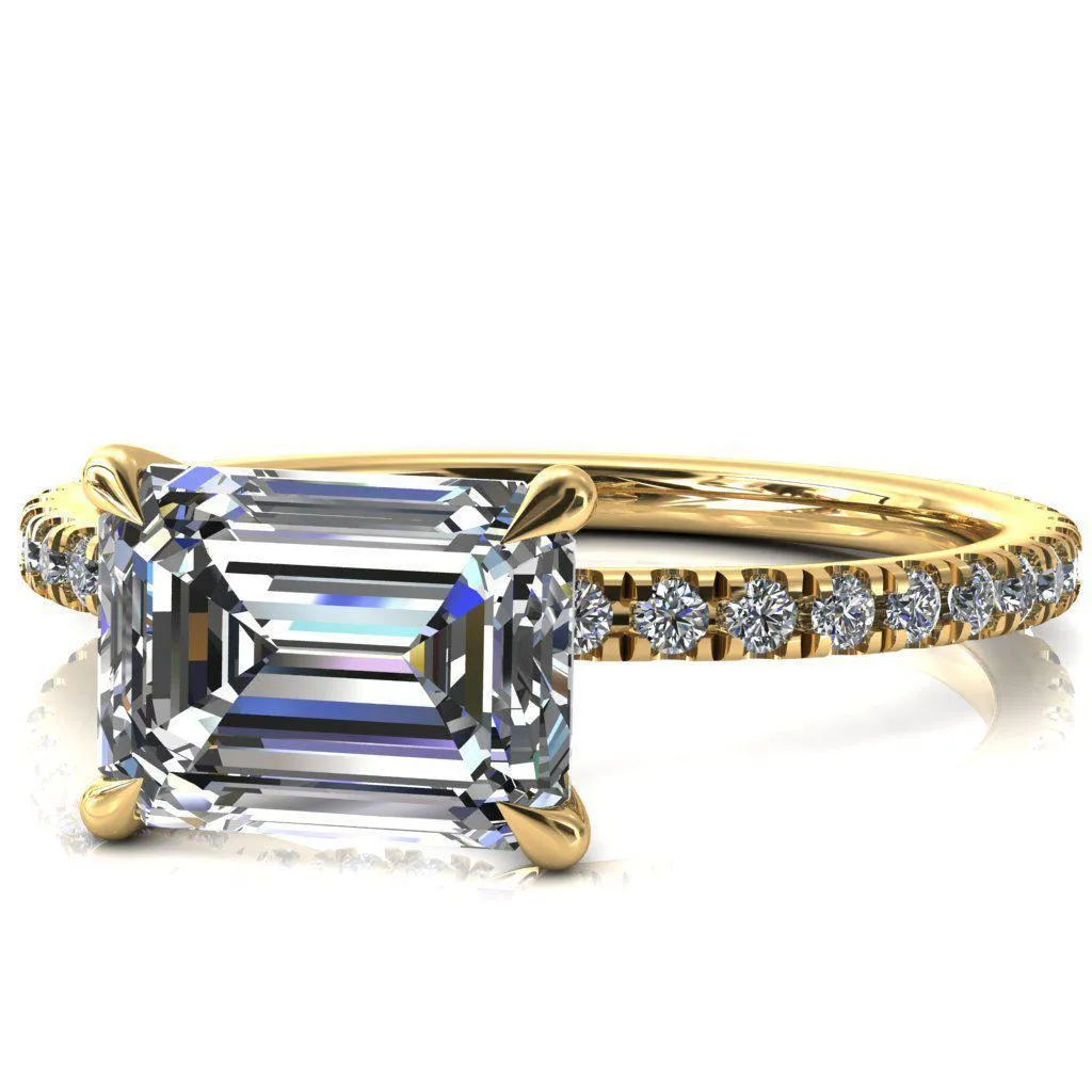 Alayna Emerald Moissanite East-West 4 Claw Prong 3/4 Micro Pave Diamond Accent Ring Engagement Ring