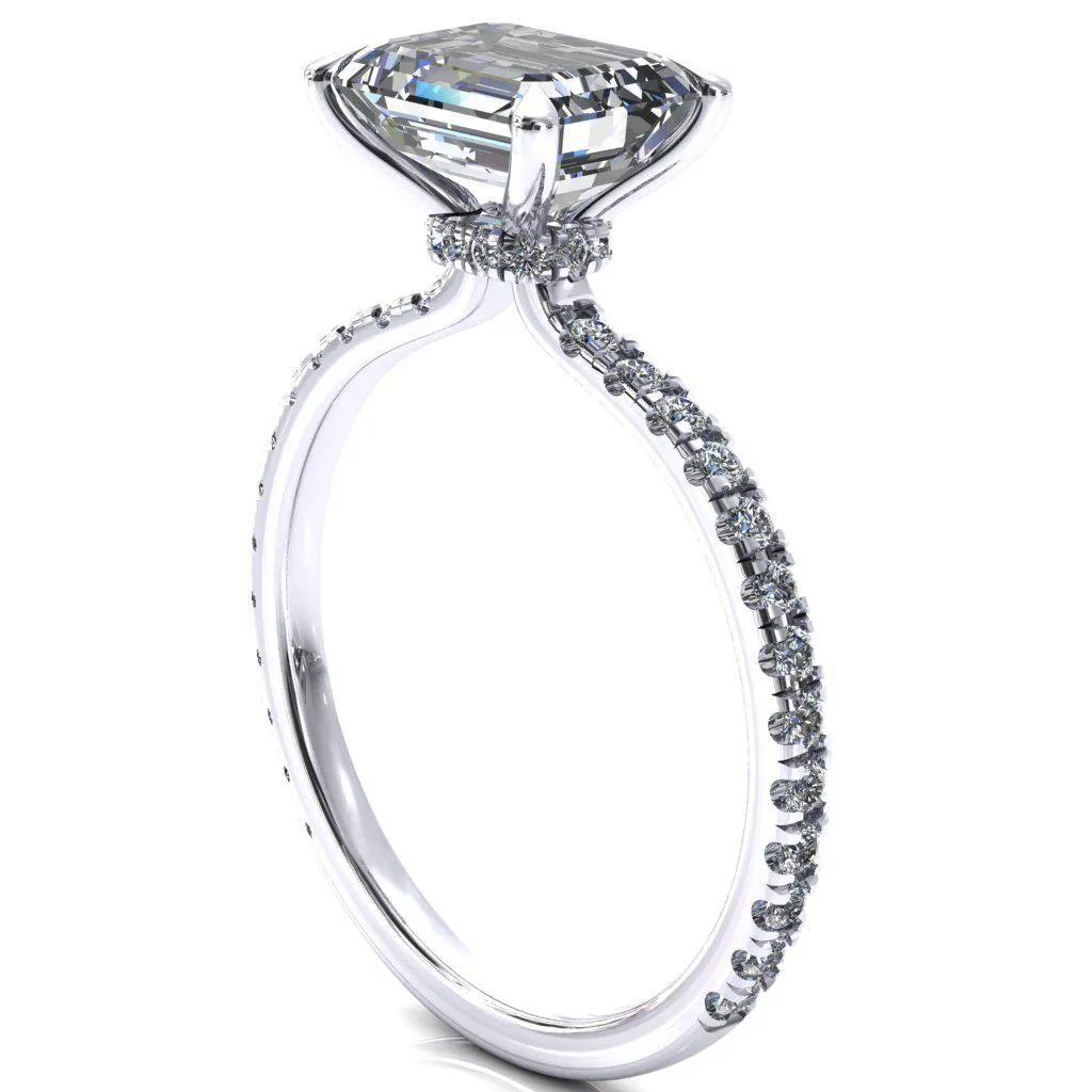 Alayna Emerald Moissanite East-West 4 Claw Prong 3/4 Micro Pave Diamond Accent Ring Engagement Ring