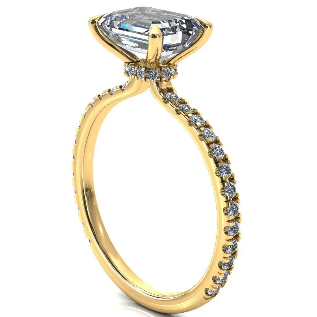 Alayna Emerald Moissanite East-West 4 Claw Prong 3/4 Micro Pave Diamond Accent Ring Engagement Ring