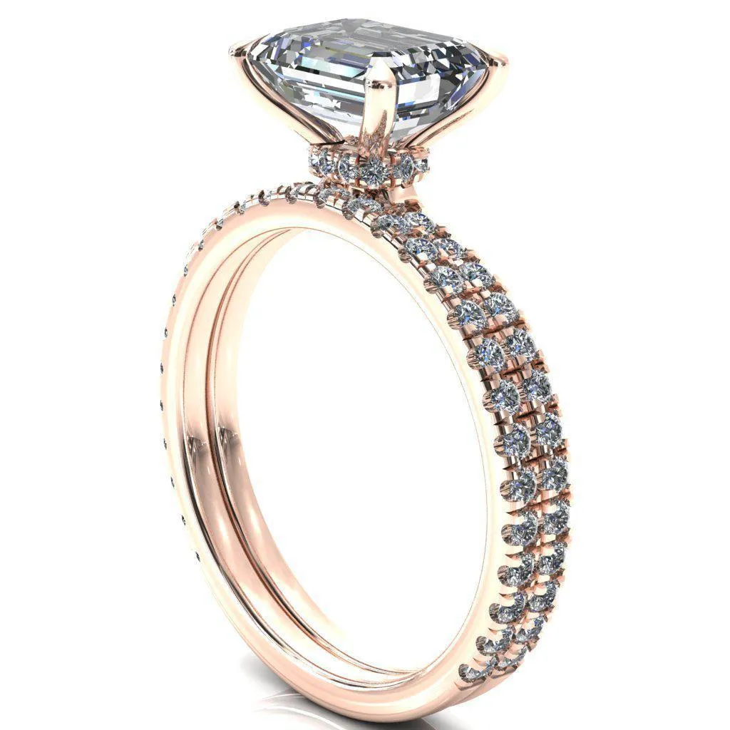 Alayna Emerald Moissanite East-West 4 Claw Prong 3/4 Micro Pave Diamond Accent Ring Engagement Ring