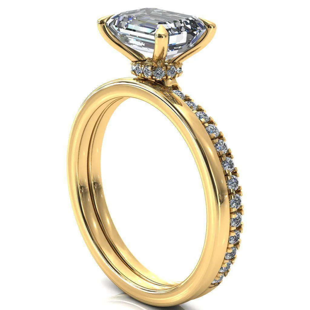 Alayna Emerald Moissanite East-West 4 Claw Prong 3/4 Micro Pave Diamond Accent Ring Engagement Ring