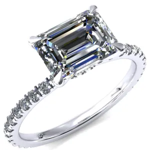 Alayna Emerald Moissanite East-West 4 Claw Prong 3/4 Micro Pave Diamond Accent Ring Engagement Ring