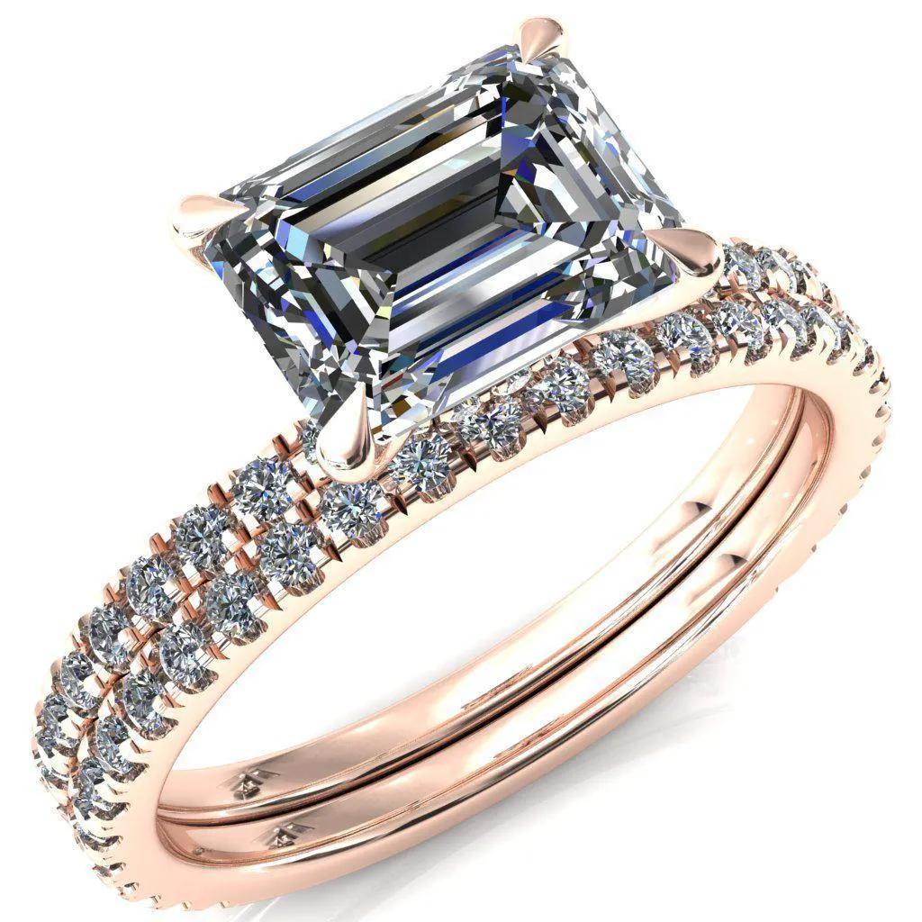 Alayna Emerald Moissanite East-West 4 Claw Prong 3/4 Micro Pave Diamond Accent Ring Engagement Ring