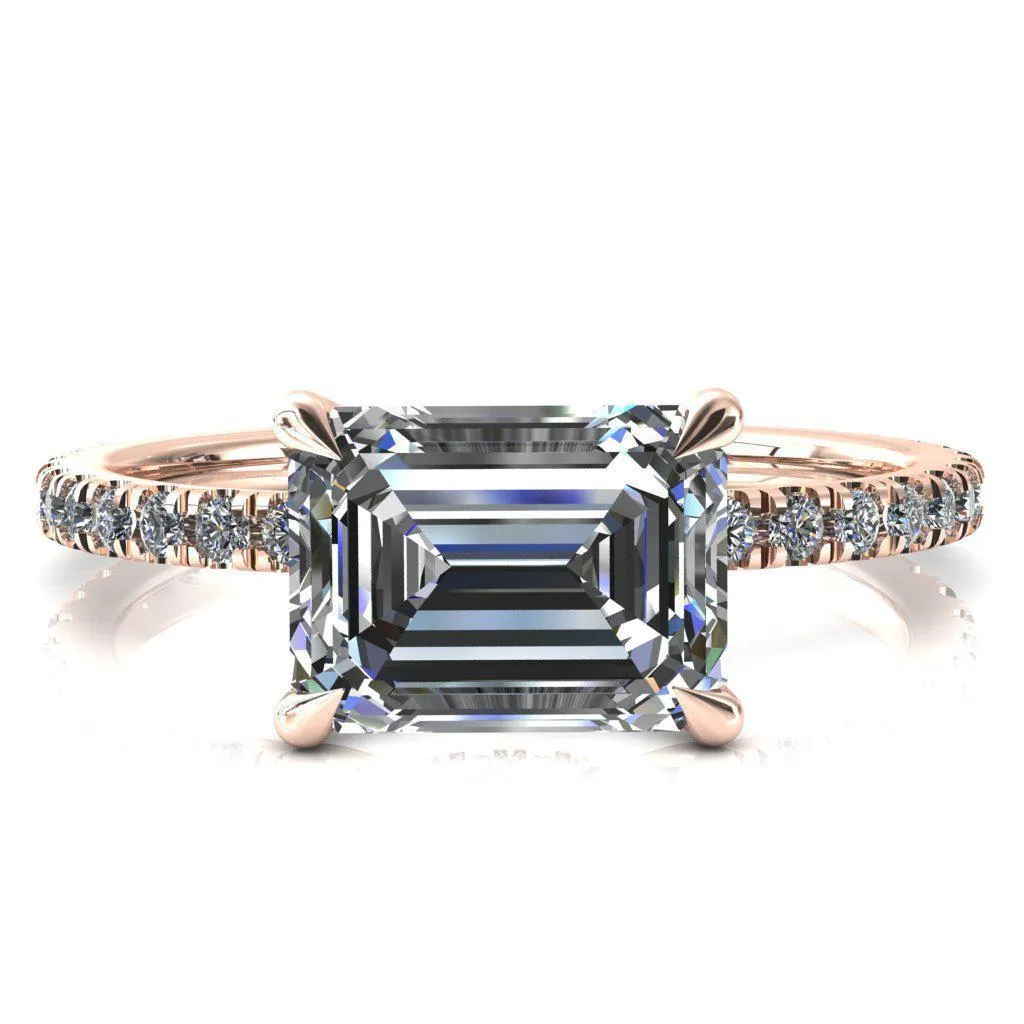 Alayna Emerald Moissanite East-West 4 Claw Prong 3/4 Micro Pave Diamond Accent Ring Engagement Ring