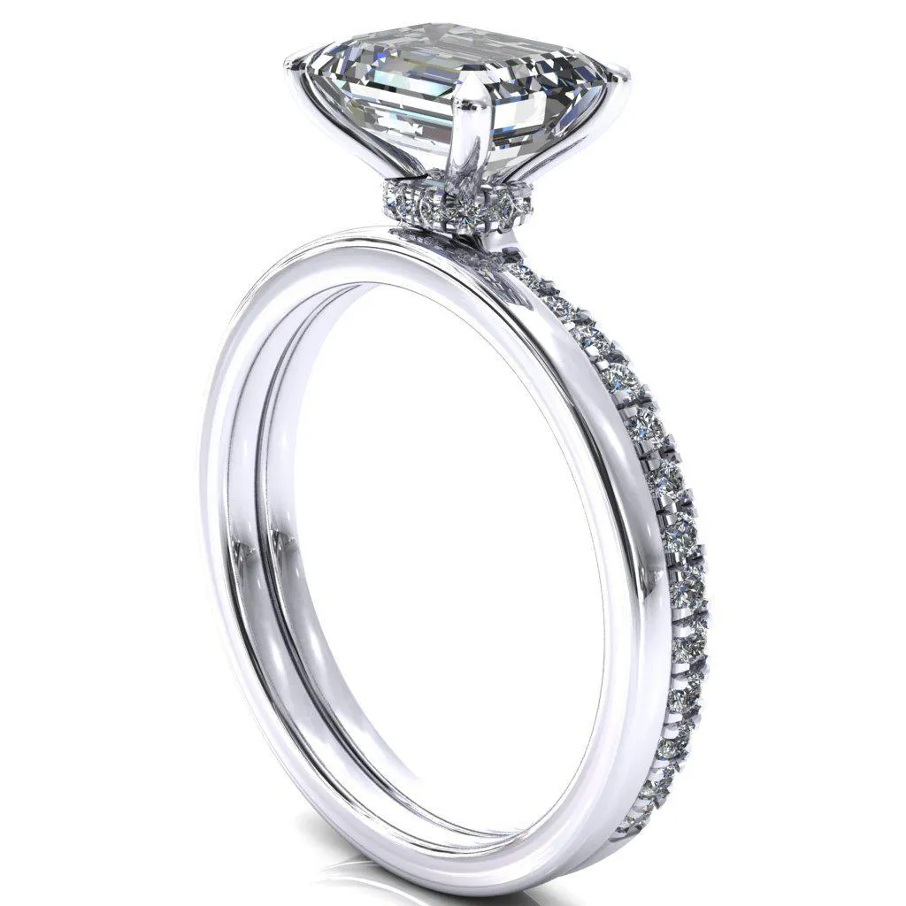 Alayna Emerald Moissanite East-West 4 Claw Prong 3/4 Micro Pave Diamond Accent Ring Engagement Ring