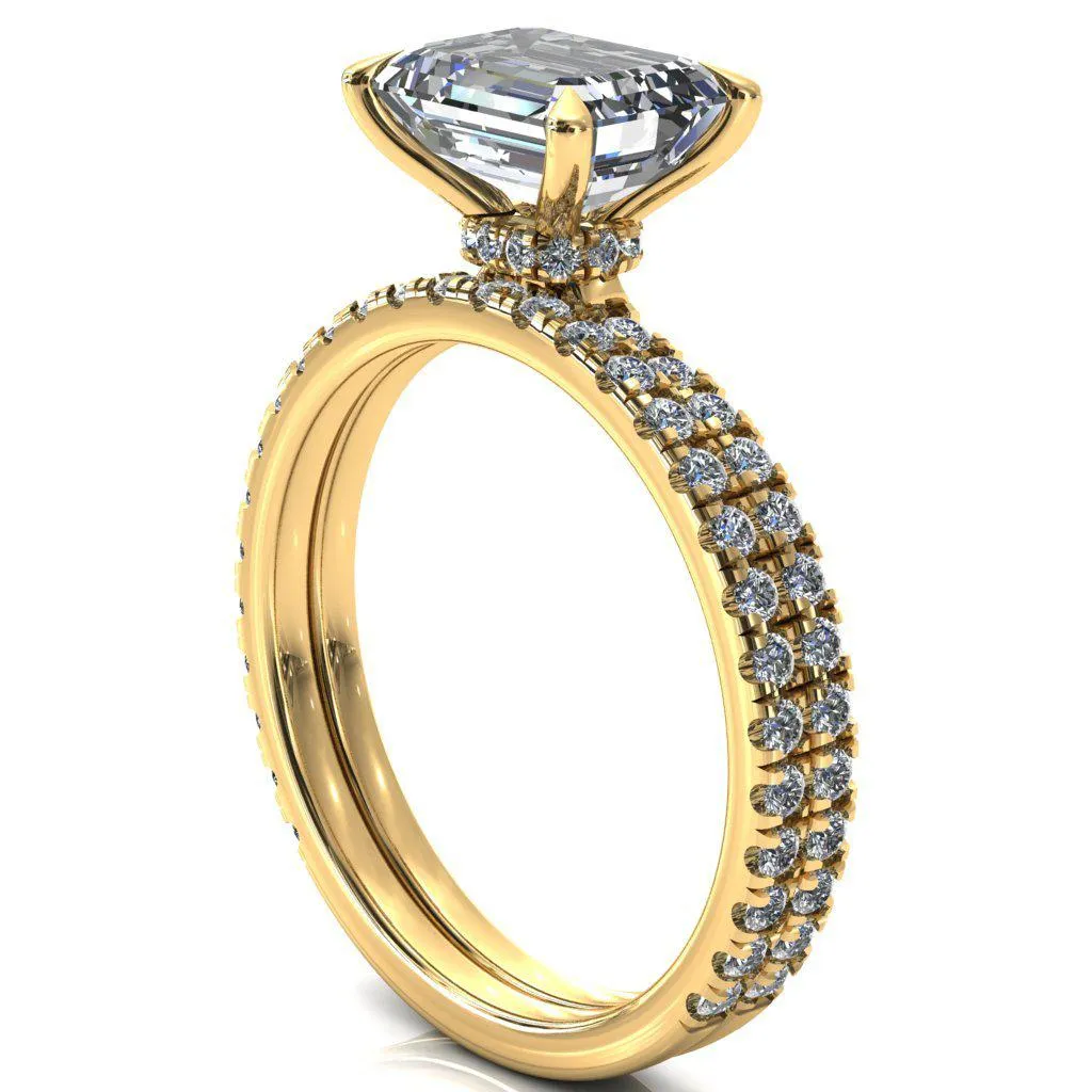 Alayna Emerald Moissanite East-West 4 Claw Prong 3/4 Micro Pave Diamond Accent Ring Engagement Ring