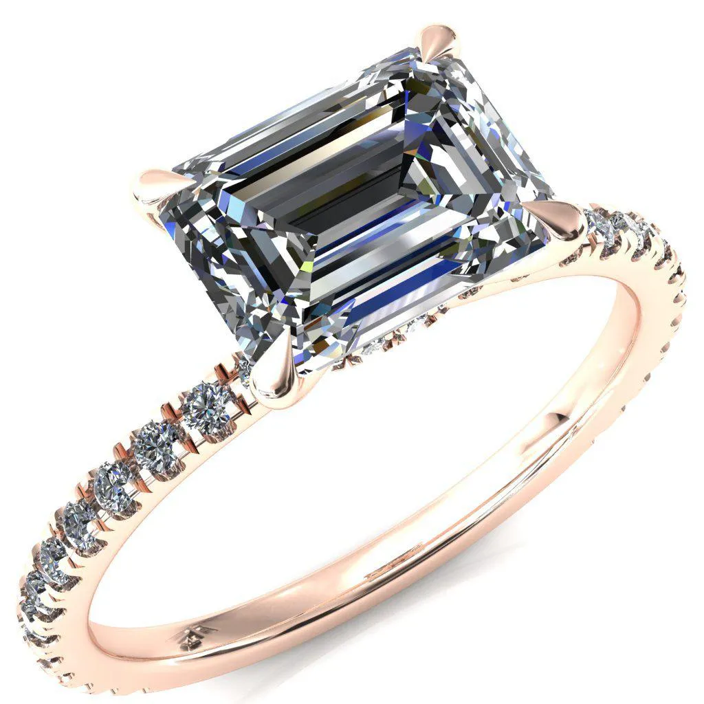 Alayna Emerald Moissanite East-West 4 Claw Prong 3/4 Micro Pave Diamond Accent Ring Engagement Ring