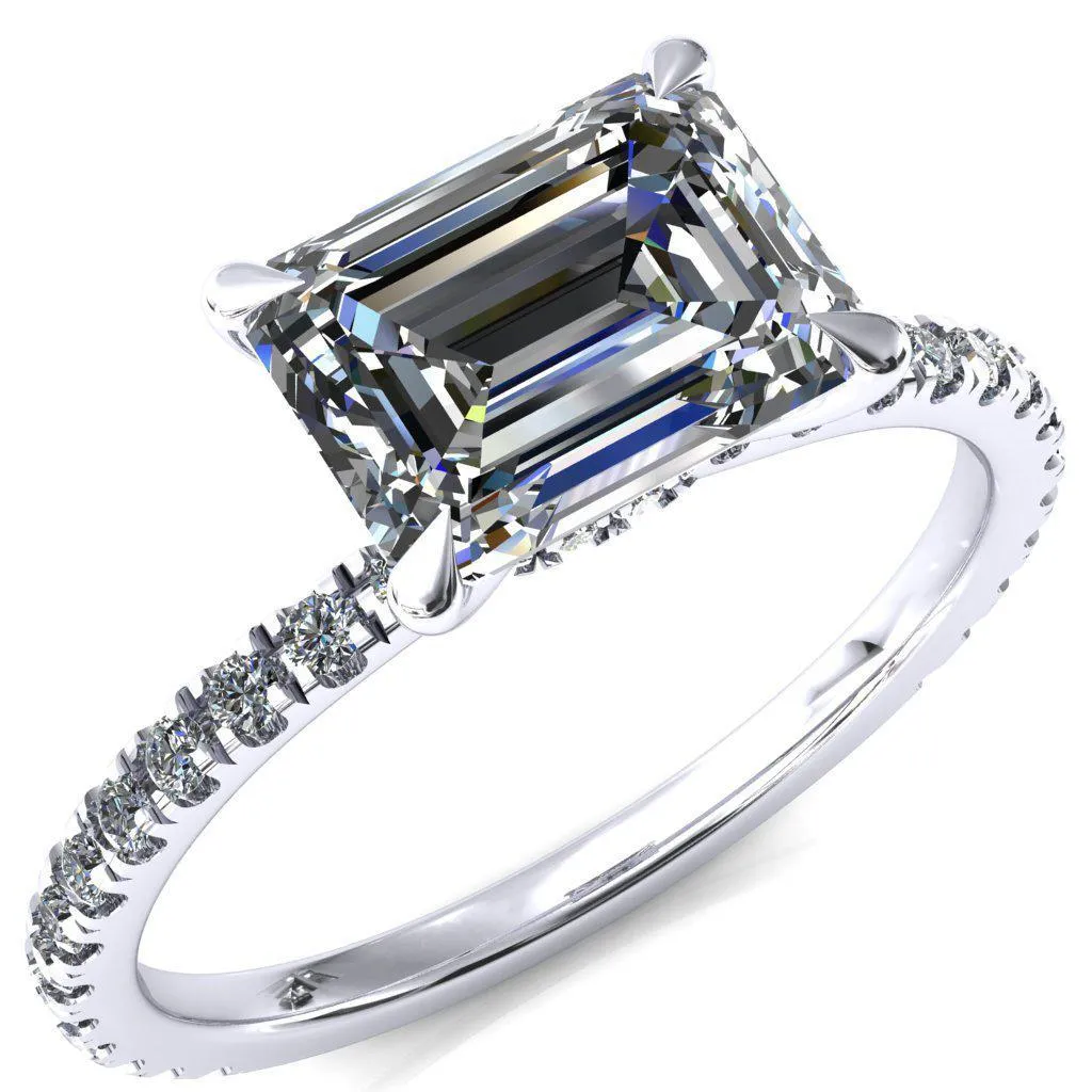 Alayna Emerald Moissanite East-West 4 Claw Prong 3/4 Micro Pave Diamond Accent Ring Engagement Ring