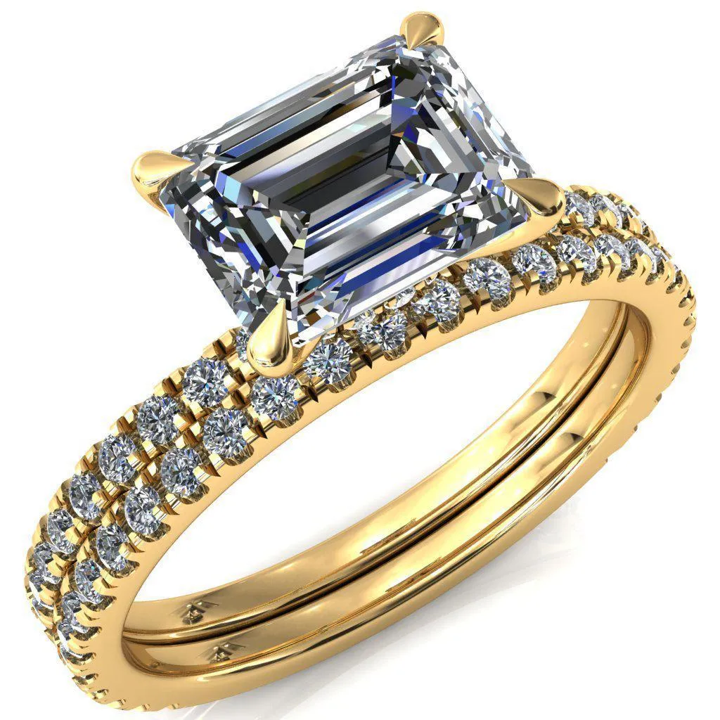 Alayna Emerald Moissanite East-West 4 Claw Prong 3/4 Micro Pave Diamond Accent Ring Engagement Ring