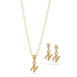 ALPHABET "N" GOLD SMALL PENDANT SHORT NECKLACE AND EARRINGS SET #SWKK-11768NGLD (RA16)