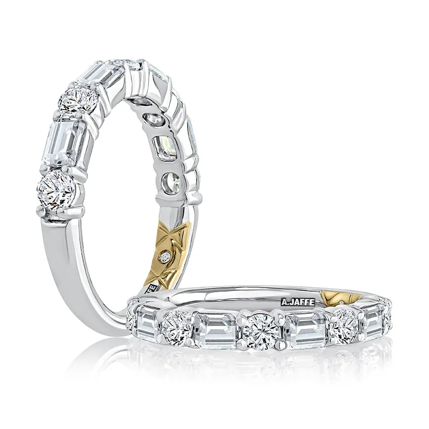 Alternating Emerald and Round Diamond Wedding Band
