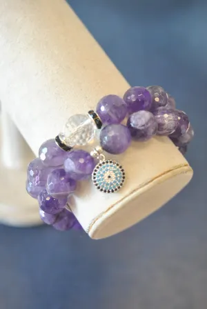 AMETHYST, LEATHER AND SWAROVSKI CRYSTALS STRETCHY BRACELETS SET