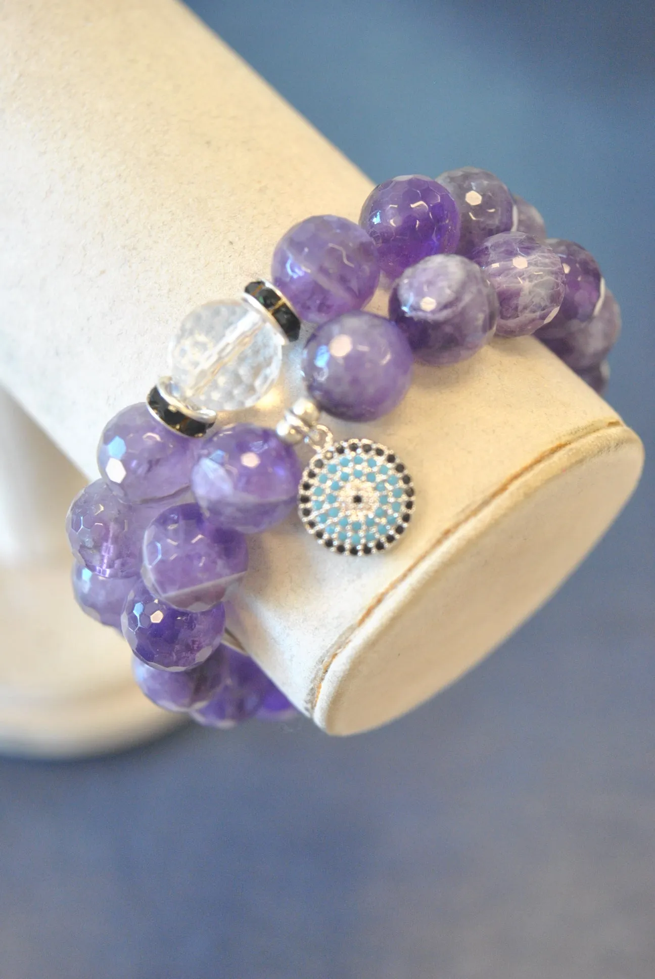 AMETHYST, LEATHER AND SWAROVSKI CRYSTALS STRETCHY BRACELETS SET