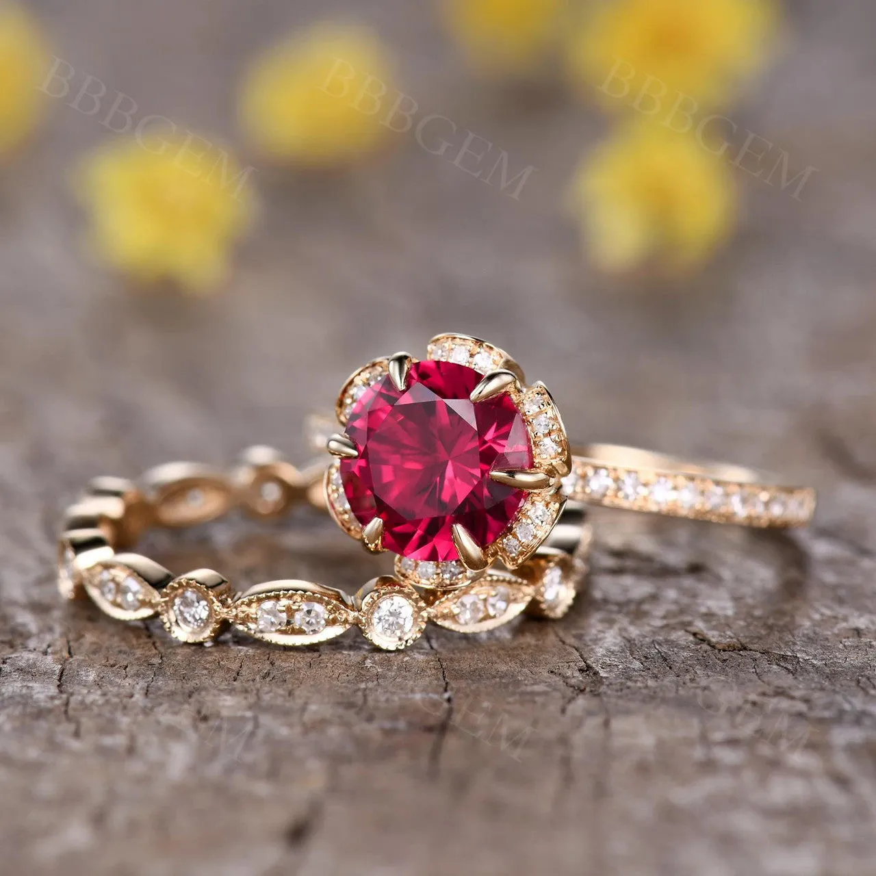 Antique Floral Ruby Halo Diamond Engagement Ring