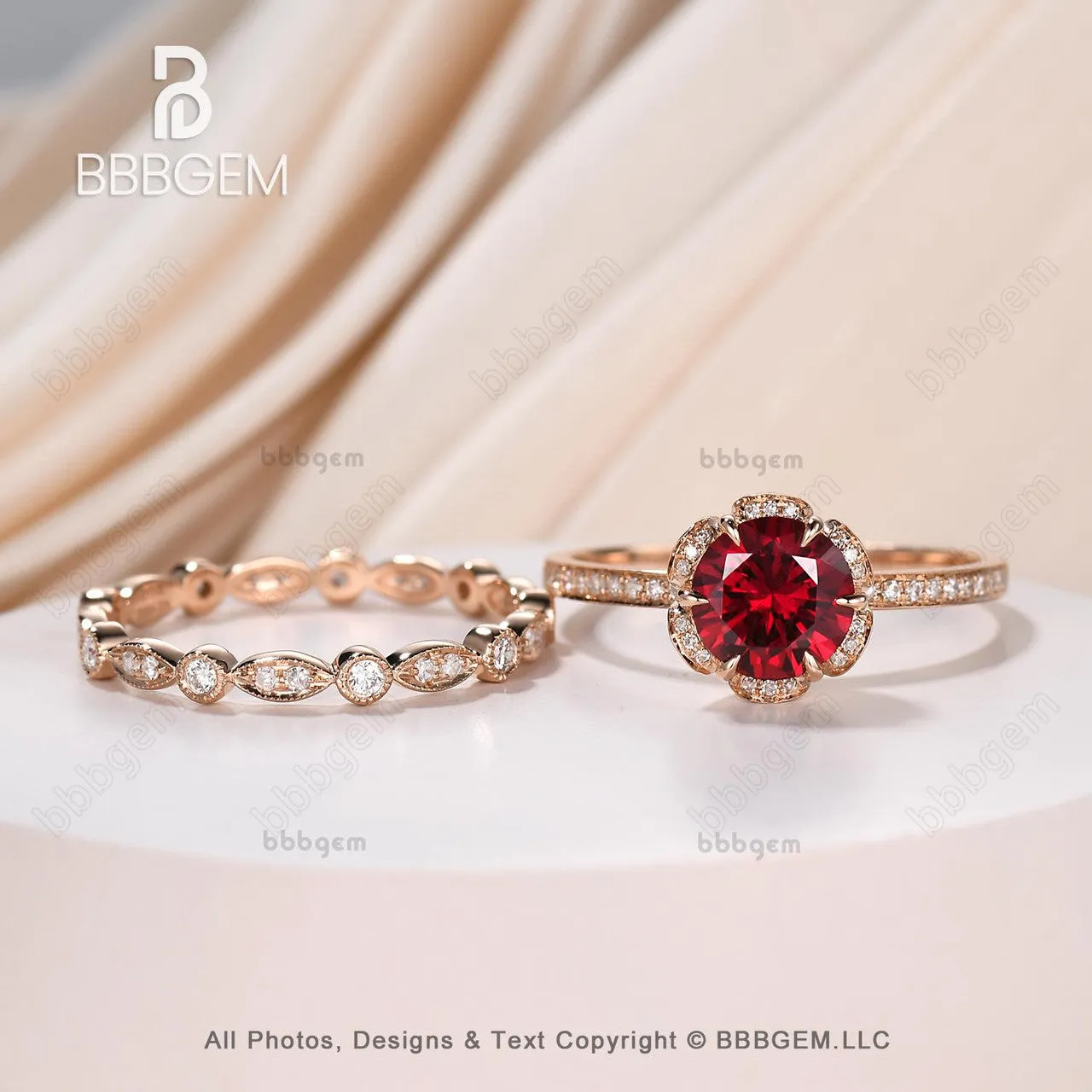 Antique Floral Ruby Halo Diamond Engagement Ring