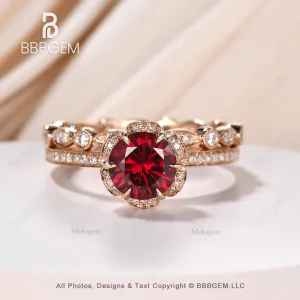 Antique Floral Ruby Halo Diamond Engagement Ring