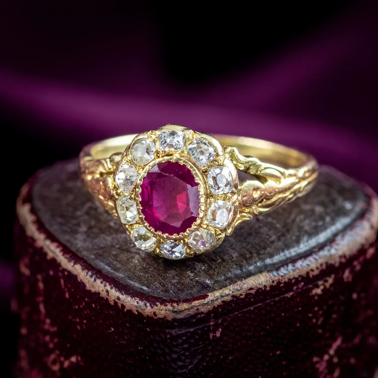 Antique Victorian Ruby Diamond Cluster Ring 0.60ct Burmese Ruby With Cert