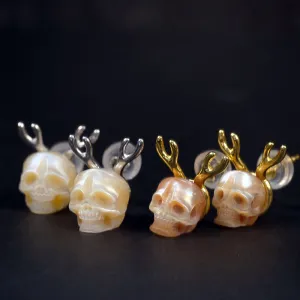Antler Pearl Skull Stud Earrings