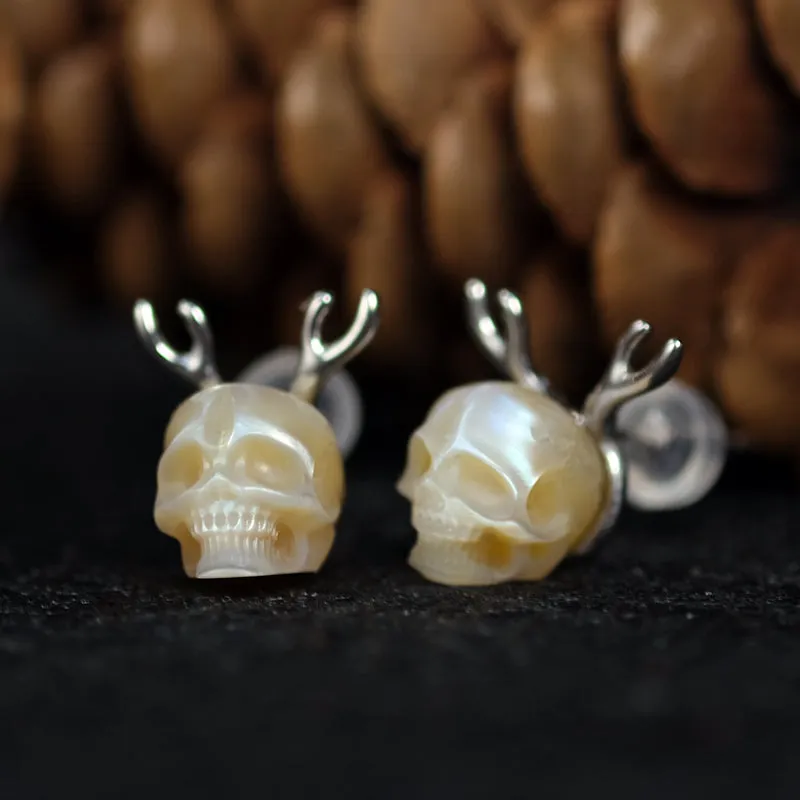 Antler Pearl Skull Stud Earrings