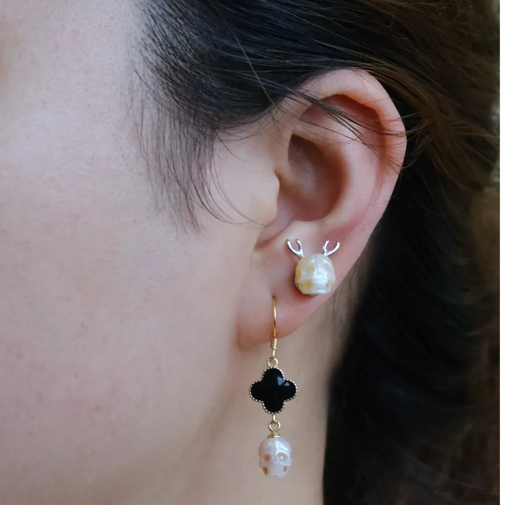 Antler Pearl Skull Stud Earrings